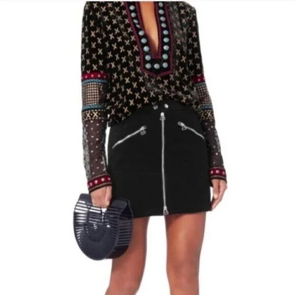 Rag & Bone Racer Black Velvet Front Zip Moto Skirt Black - Picture 1 of 8